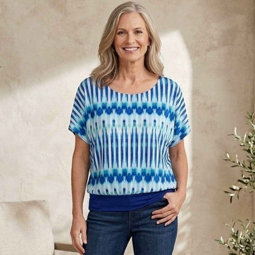 Chico's Blouse XL Women 3 Blue Ikat Striped Mesh Overlay Blouson Tunic Top
